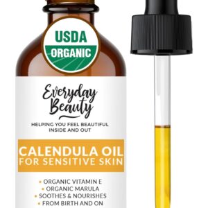 Organic Calendula Oil For Sensitive Skin - USDA Certified 100% Natural Plant Based, Lightweight & Unscented Gentle Soothing Oil For Sensitive Skin - For Face, Skin & All Over - 1 Fl Oz Glass & Dropper