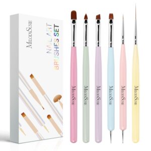 MelodySusie Nail Art Brushes Set,6pcs Nail Art Design Pen Painting Tools with Extension Gel Brush, Polish Brush, Builder Brush,Liner Brush, Carved Brush, and Dotting Pen for Home DIY Salon Use
