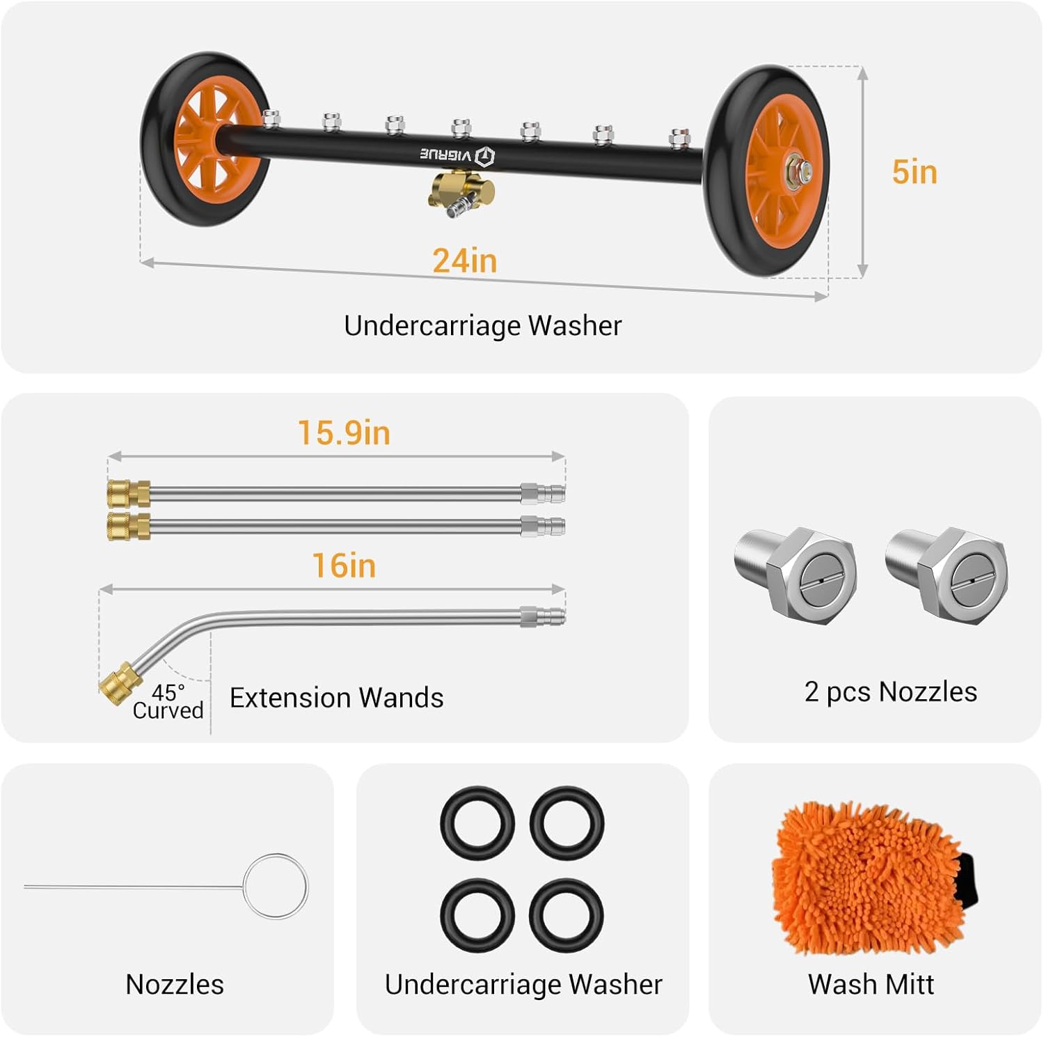 VIGRUE 2-in-1 undercarriage Pressure Washer Attachment,24 Inch Pressure Washer Water Broom with 7 Nozzles,Under Car Washer Cleaner with 3 Pieces Extension Wand,4000 PSI,Orange - Image 7