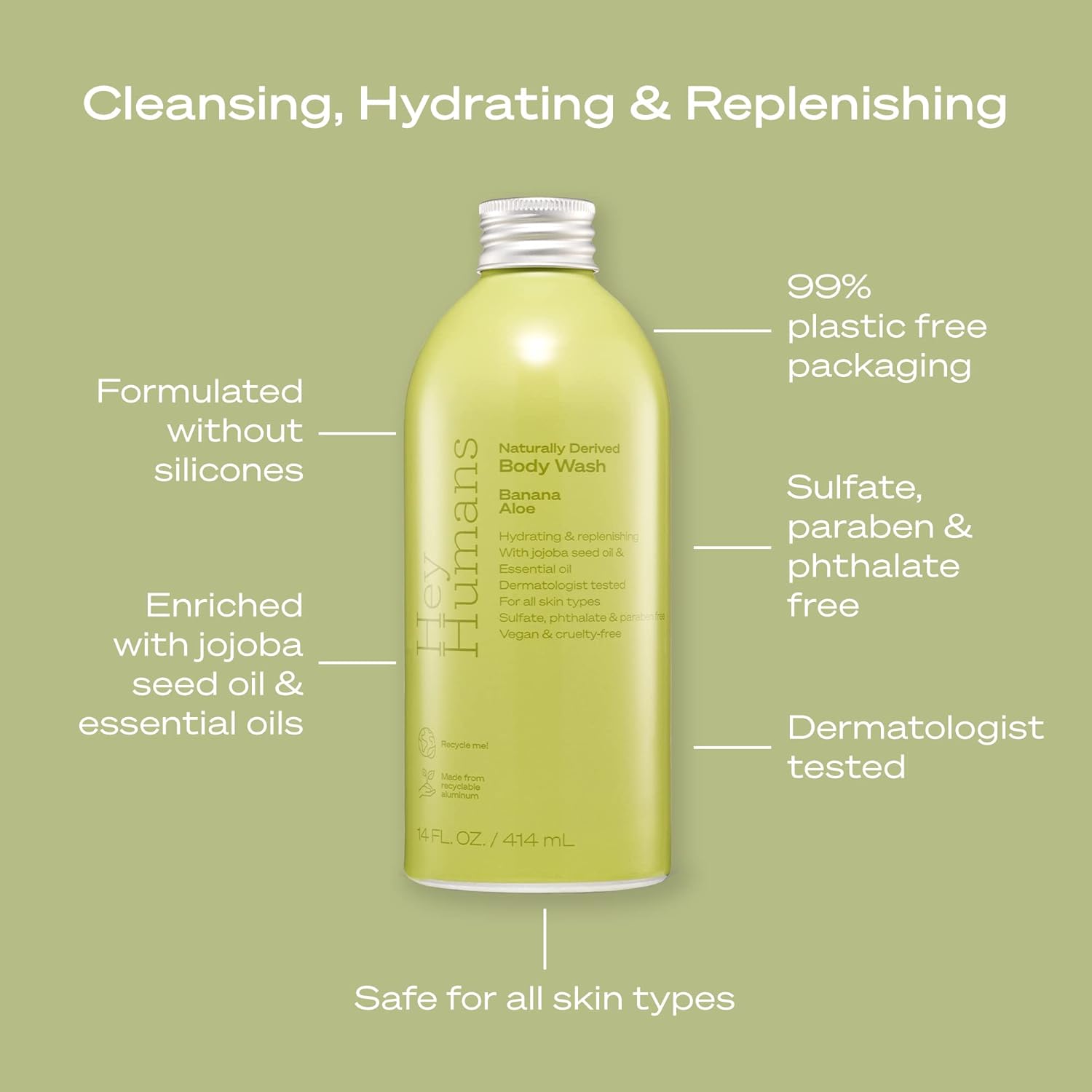 Three 14 fl. oz. bottles of Hey Humans Banana Aloe Moisturizing Body Wash with Jojoba Oil, Vegan, Sulfate-Free - Image 3