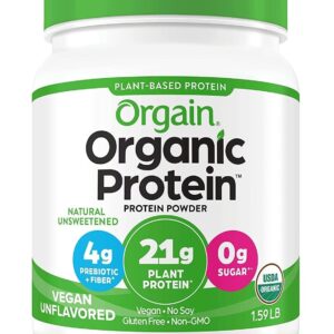 Orgain Organic Unflavored Vegan Protein Powder, Natural Unsweetened - 21g of Plant Based Protein, Non Dairy, Gluten Free, No Sugar Added, Soy Free, Non-GMO, 1.59 lb (Packaging May Vary)