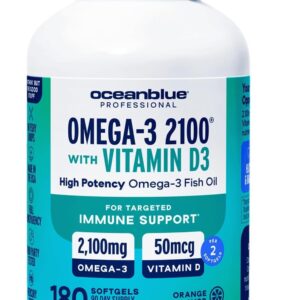 Oceanblue Professional Omega-3 2100 with Vitamin D3 – 180 ct – Triple Strength Burpless Fish Oil Supplement with High-Potency EPA, DHA, DPA – Wild-Caught – Orange Flavor (90 Servings)