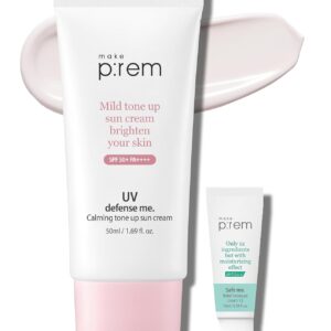 MAKEPREM UVA UVB Defense Me Calamine Calming Sun Cream SPF 50+ PA++++ 1.69 Fl Oz Korean Mineral Sunblock VEGAN Sunscreen Reef-safe Mild Non-Irritating Sensitive Acne-Prone Skin Non-Nano No Chemicals