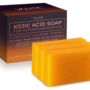 VALITIC Kojic Acid Soap for Hyperpigmentation - with Glutathione, Collagen & Vitamin C - Natural Soap Bars with Turmeric - Original Japanese Complex for Dark Spot Correction - 3 Pack