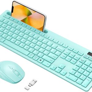Wireless Keyboard and Mouse for MacBook, Vivefox Teal Wireless Keyboard with Phone Holder, USB A & Type C Receivr, Full-Size Combo for Mac, MacBook/Air/Pro Windows PC Computer, Mint Green