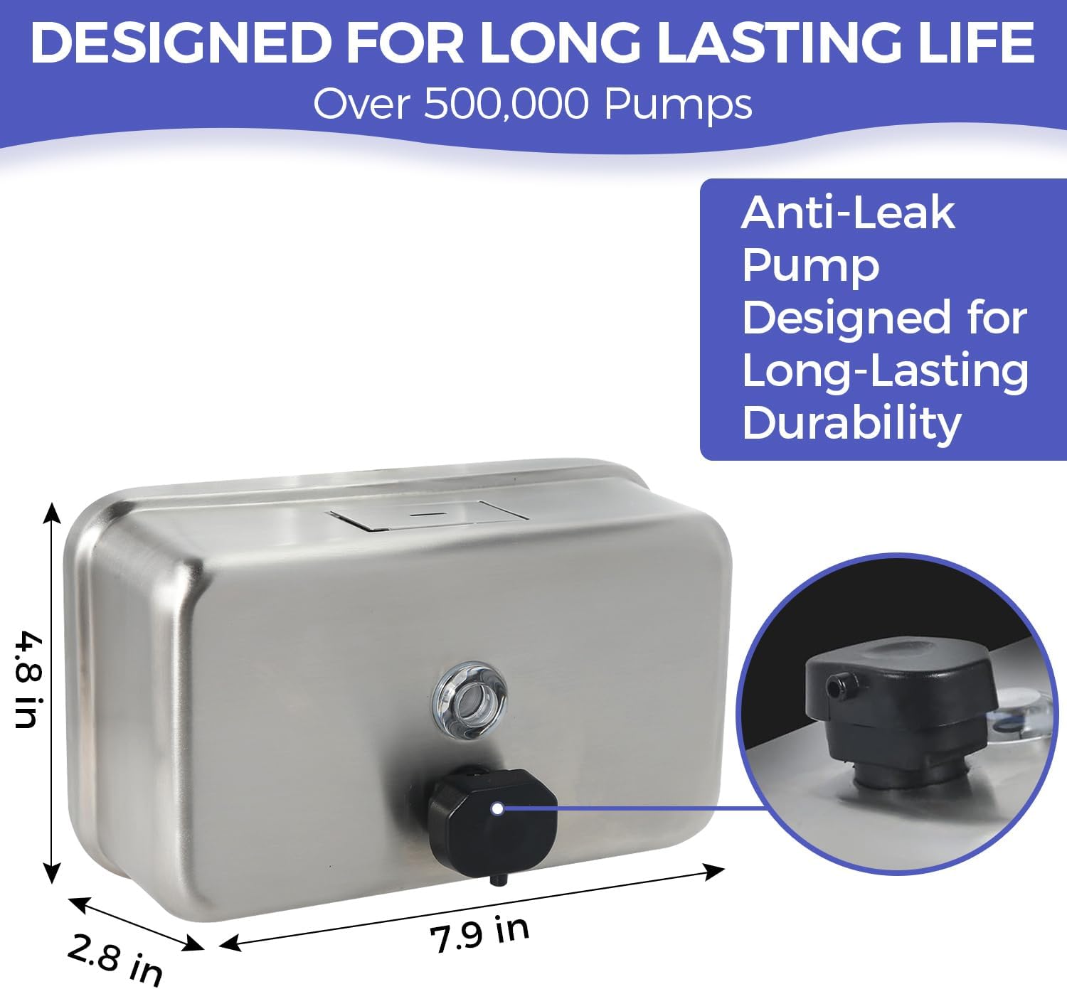 Heavy Duty Stainless Steel Wall Mount Soap Dispenser, 1100ml/37oz, with Corrosion Proof Lining and Anti-Leak Pump for Commercial & Home Bathroom Kitchen (Horizontal) - Image 3