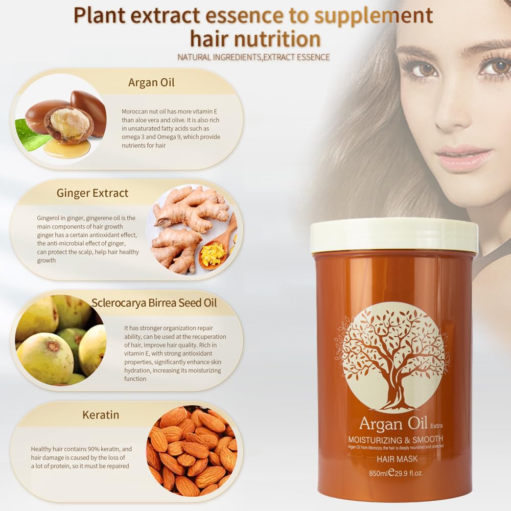 Argan Oil Hair Mask, Repair Split Ends Dry Damaged Hair, Moisturizing & Smoothing Hair Mask for Dry Damaged Hair of All Hair Types 16.90 oz 500 ml (29.90oz-850ml), milky white - Image 7