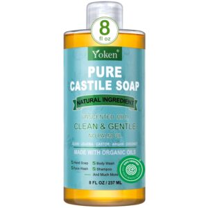 Pure Castile Liquid Soap Organic (EWG Verified, Unscented, 8 OZ), Made with Organic Oils, No Added Fragrance, Vegan, Castile Soap Liquid for Face, Laundry, Dishes, Sensitive Skin, Travel Soap