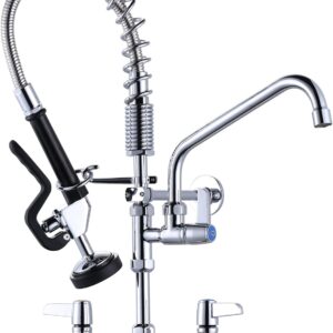 WOWOW Commercial Sink Faucet with Sprayer, Wall Mount Kitchen Water Faucet 8 Inch Adjustable Center Kitchen Sink Faucets with 21 Inch Height, 12 Inch Add on Spout Solid Brass Chrome for Restaurant