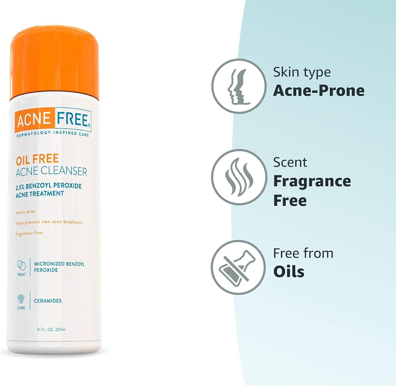 AcneFree Oil-Free Cleanser 8 Fl Oz Benzoyl Peroxide 2.5% Glycolic Acid for Breakout Treatment Unscented - Image 7