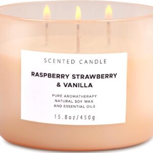 Raspberry Strawberry Vanilla 3 Wick Scented Candle | Large Soy Candles for Home 15.8 oz | Long Lasting Aromatherapy Candle Gift | Refreshing Berry Scented Candles | Relaxing Candle for Women & Men