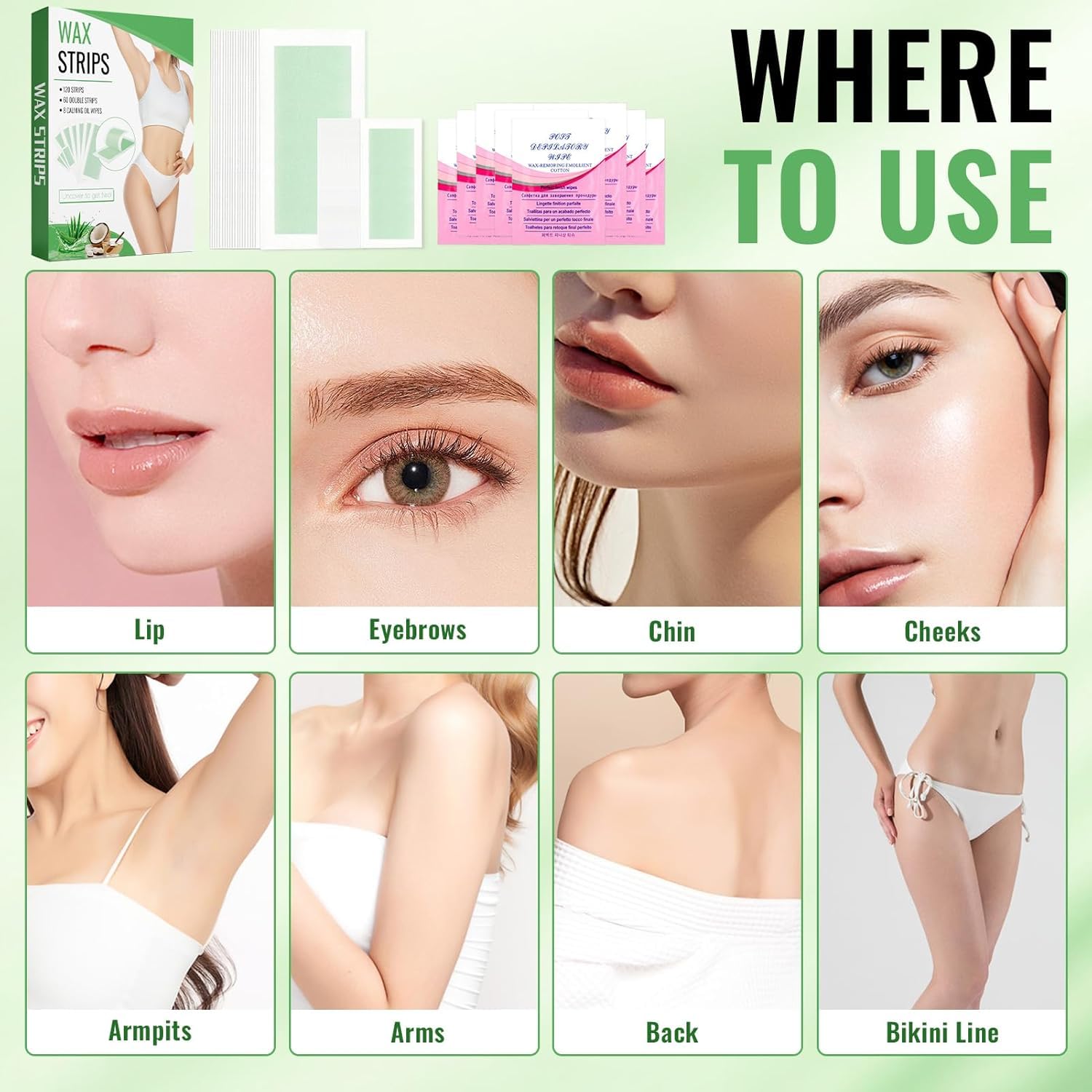 120 Piece Wax Strips Kit for Body Hair Removal, 2 Sizes, Aloe Scent, 8 Oil Wipes Included - Image 5
