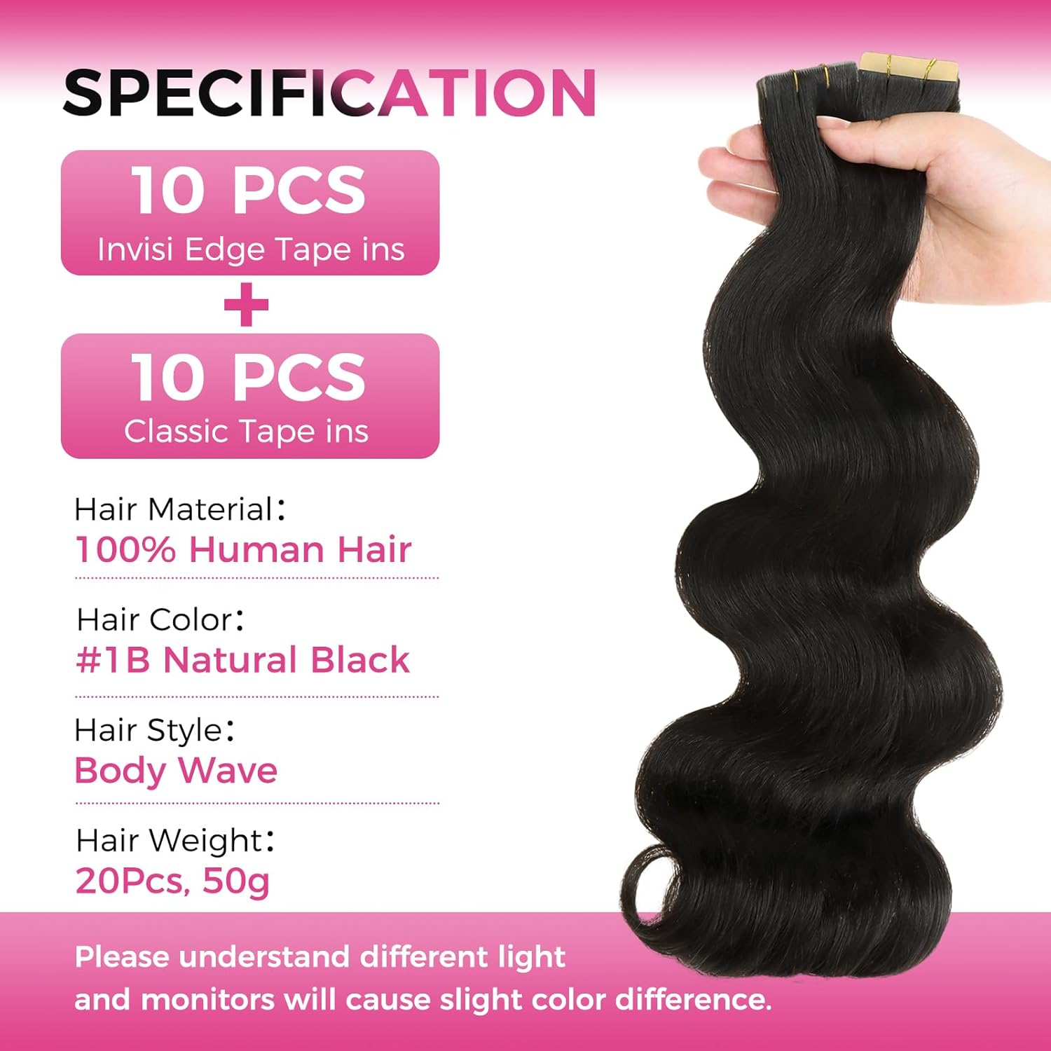 Lashey Invisi Edge Tape in Hair Extensions Human Hair, Natural Black 16 inch 50g Body Wave, 10pcs Injected with 10pcs Classic Tape ins, Real Virgin Human Hair Invisible Seamless Tape in Extensions - Image 2