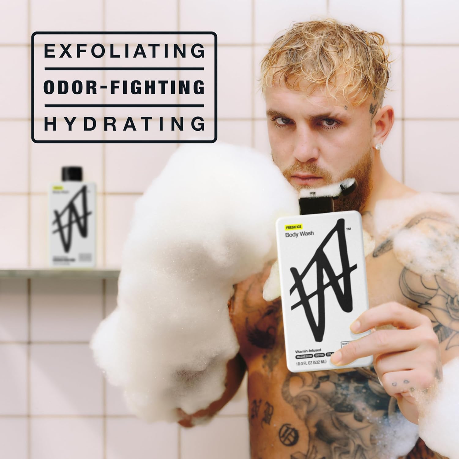 W By Jake Paul Exfoliating Body Wash for Men, Vitamin-Infused, Hydrating Shower Gel, Fresh Ice, 18 fl oz - Image 3