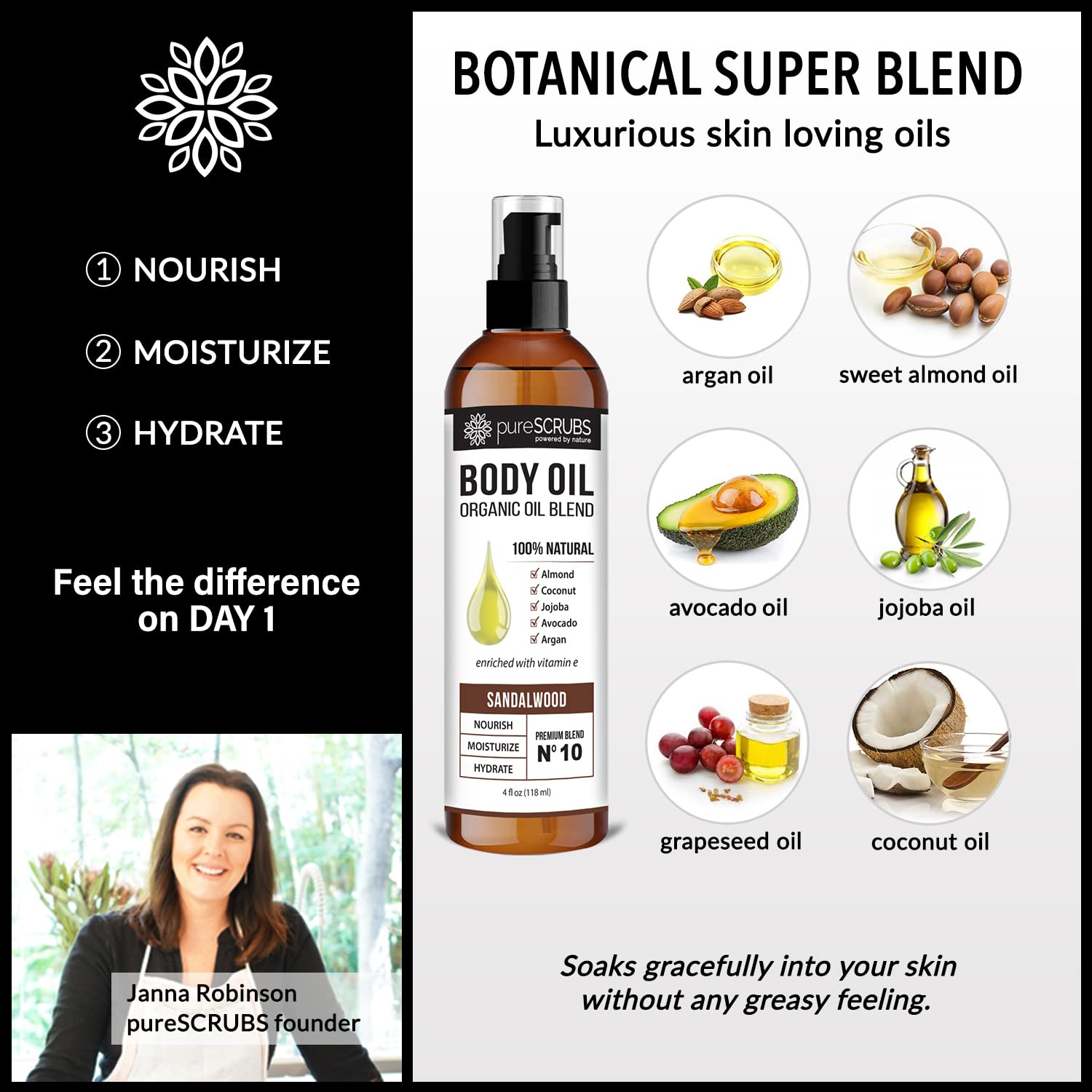 pureSCRUBS Ultra Moisturizing Sandalwood Body Oil Spray For Dry Skin, Massage, Cuticles & More, Organic Blend of Jojoba, Argan, Coconut, Sweet Almond & Avocado Oils Enriched with Vitamin E, Lg 4oz - Image 7