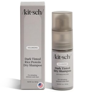 Kitsch Volumizing Rice Protein Dry Shampoo Powder - Dry Shampoo for Women & Men, Dark Hair, No White Cast, Absorbs Oil, Non-Greasy, Fragrance Free, Travel Size in Pump Form - Dark Tinted 1oz