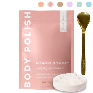 Body Polish, 8oz. - Mango Sorbet Scented Body Scrub Exfoliator for Women, Exfoliating Sugar Scrub To Lotion Moisturizer, Gentle Exfoliant for Dry and Sensitive Skin, Handmade in USA