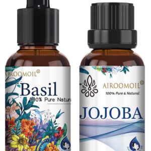 1+1 Fl Oz Travel Size Airoomoil Basil Essential Oil Jojoba Oil Set Aromatherapy for Diffuser Skin Massage Realx Candle Soap Making Oils