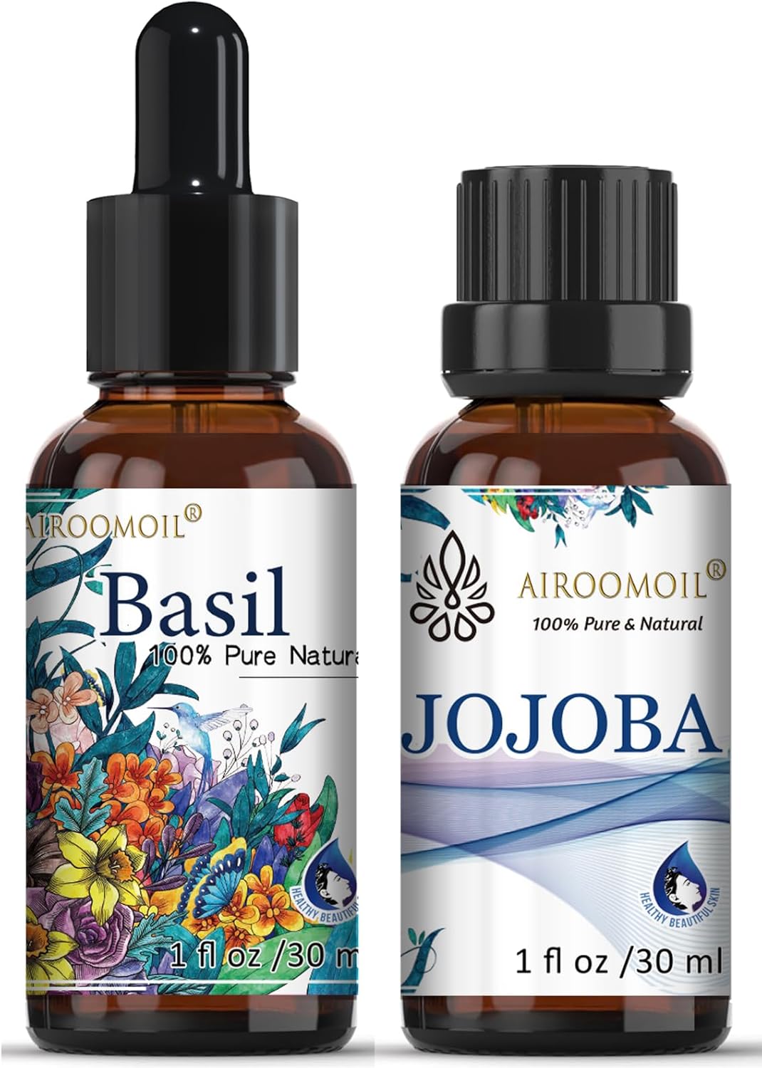 1+1 Fl Oz Travel Size Airoomoil Basil Essential Oil Jojoba Oil Set Aromatherapy for Diffuser Skin Massage Realx Candle Soap Making Oils