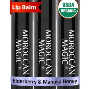 Organic Moroccan Magic Lip Balm 3 Pack | Elderberry & Manuka Honey Lip Balm Set | Chapsticks for Dry Lips | Made with Natural Argan, Essential Oils Lip Moisturizer and Vitamin E | Smooth Application