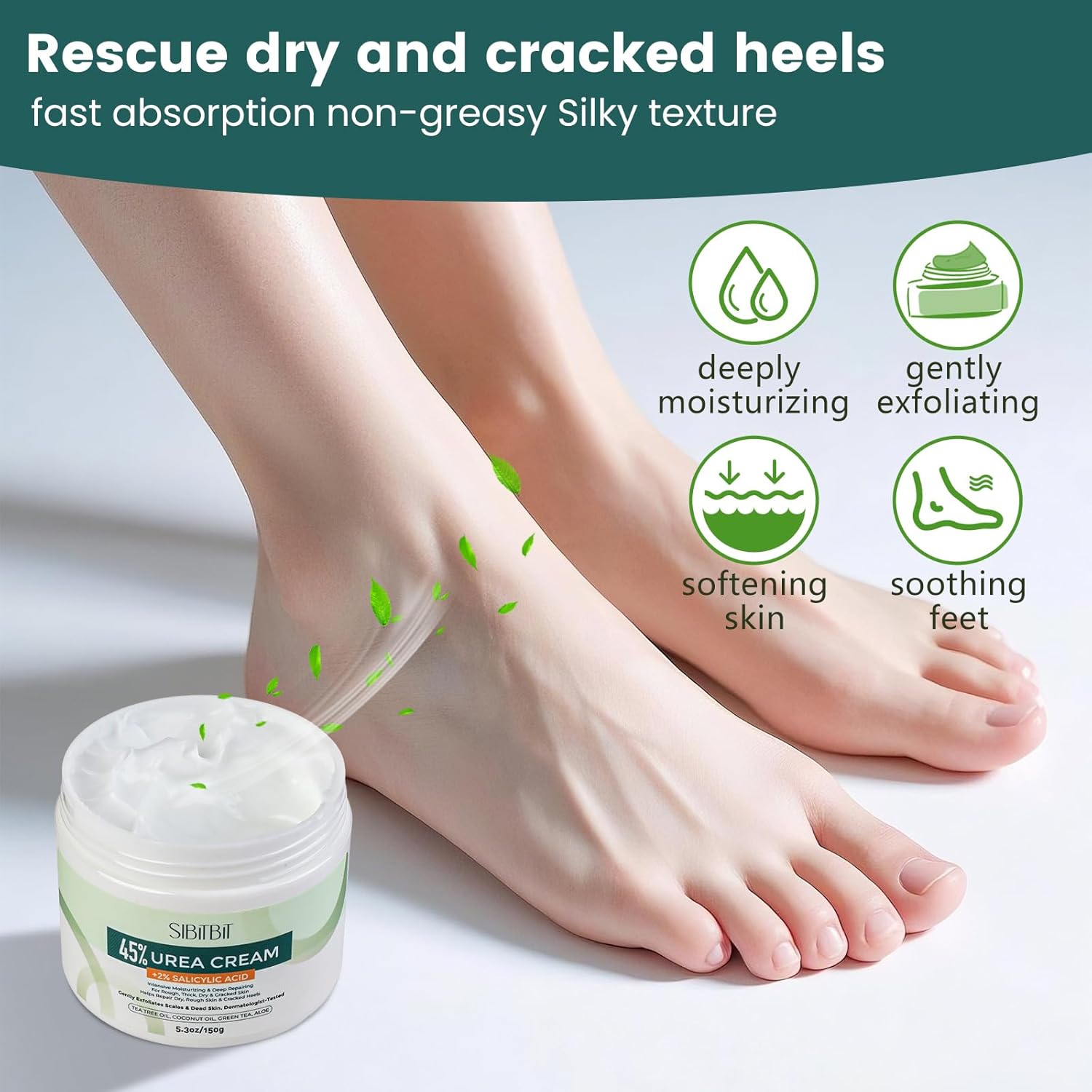 Urea Cream 45% for Feet with Maximum Strength Moisturizing, with 2% Salicylic Acid, for Dry and Cracked Heel, Foot, Elbows, Dead Skin Calluses Remover, 5.29 OZ, Foot File, Foot Mask Cover (10 pairs) - Image 3