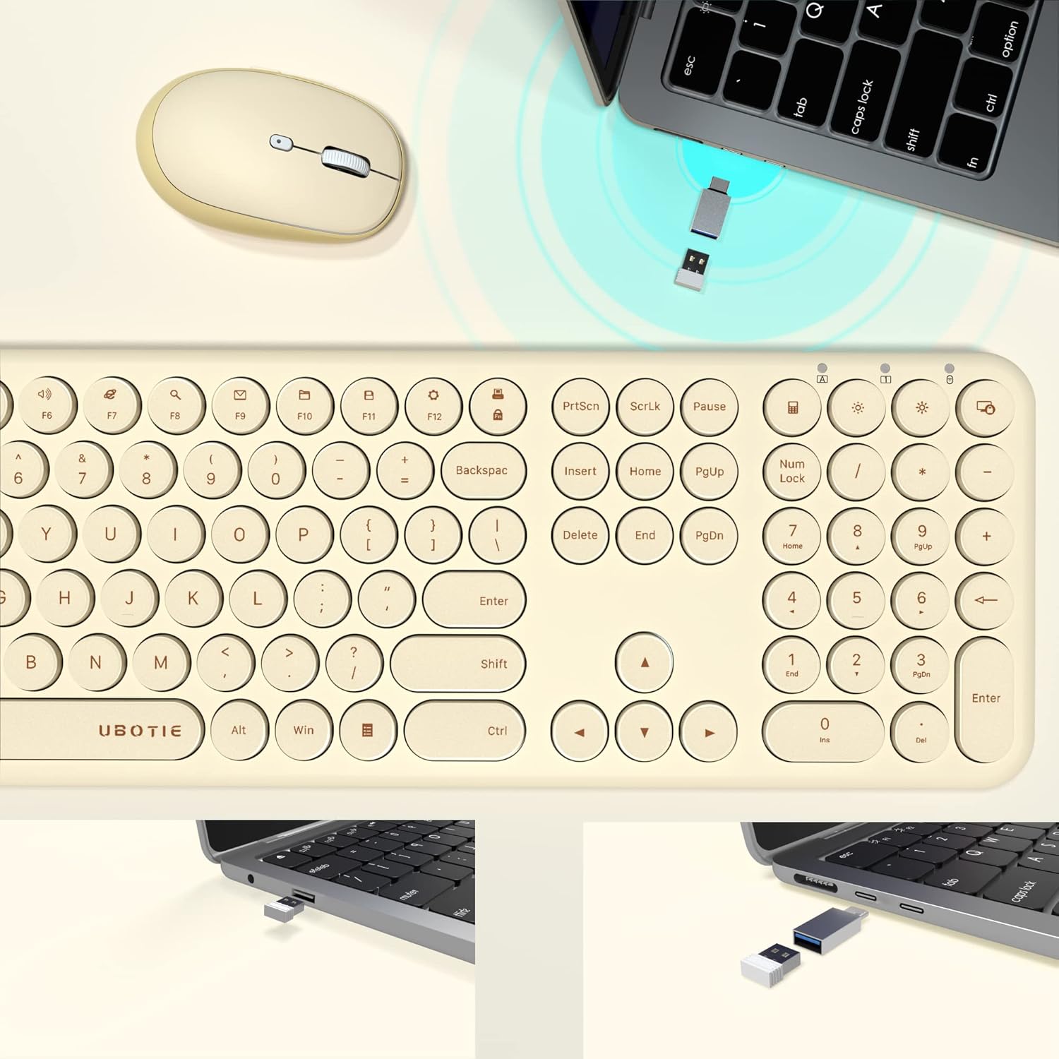 UBOTIE Wireless Keyboards and Mouse, Quiet Scissor Switches Slim Keyboards Mice Set, Silent Full Size 111 Round Keycaps with Adjustable DPI Mouse, Power On/Off Button for PC Laptop (Light Khaki) - Image 5