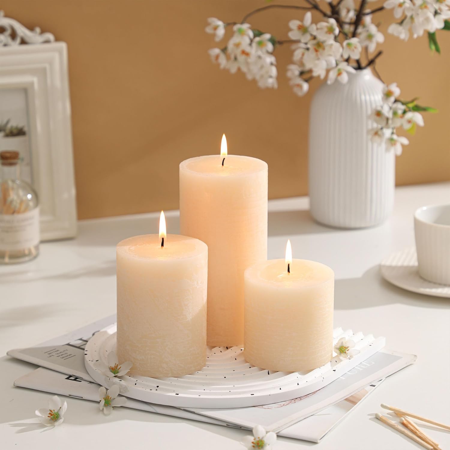 3x6 Inch Ivory Pillar Candles Set of 3 - Hand-Poured Unscented Candles, Long Clean Burning, Large Big Candles, Smokeless Dripless Candles for Dinner Table, Wedding, Home, Bathroom, Rustic Decor - Image 3