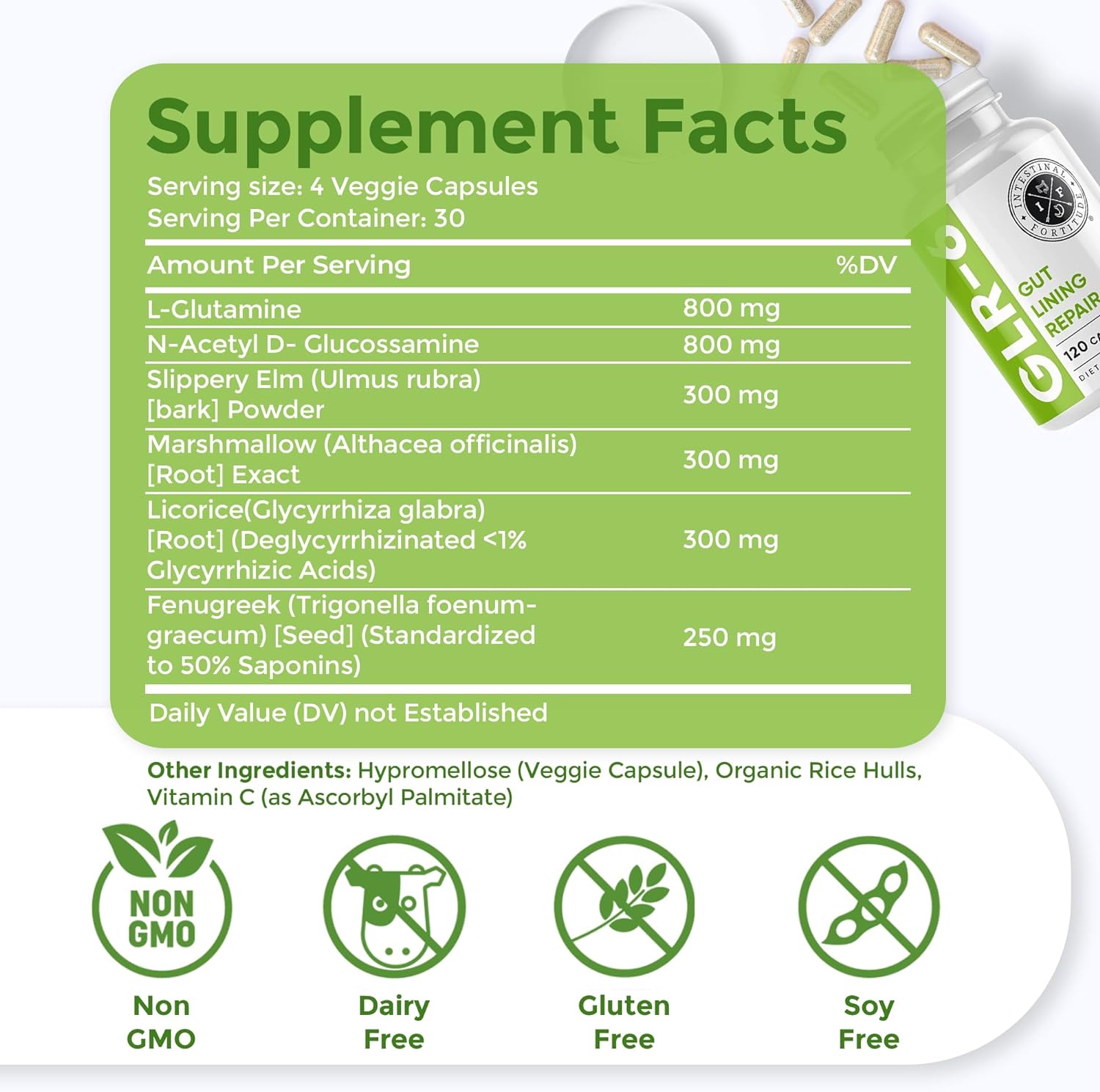 Vegan Gut Lining Repair Capsules 60 Count for Intestinal Fortitude GLR-6 Support - Image 2