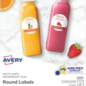 Avery Durable Waterproof Round Labels with Sure Feed Technology, 2.5" Diameter, White, Laser or Pigment-Inkjet Printer, 72 Customizable Blank Labels (22856)