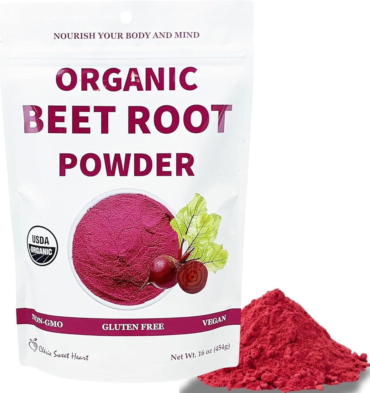Chérie Sweet Heart Organic Beet Root Powder – Raw, Non-GMO, 1 LB – Natural Energy Boost, Supports Circulation, Detox, & Heart Health – Vegan, Gluten-Free