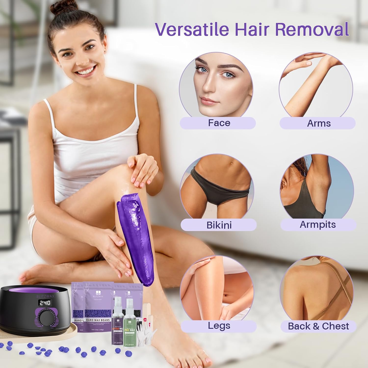 BLITZWAX Brazilian and Bikini Waxing Kit for Women, Hard Wax Warmer for Face, Legs and Body, At Home Hair Removal Kit, Beginner Friendly, Digital Fast Heating, 51 Wax Items - Image 4