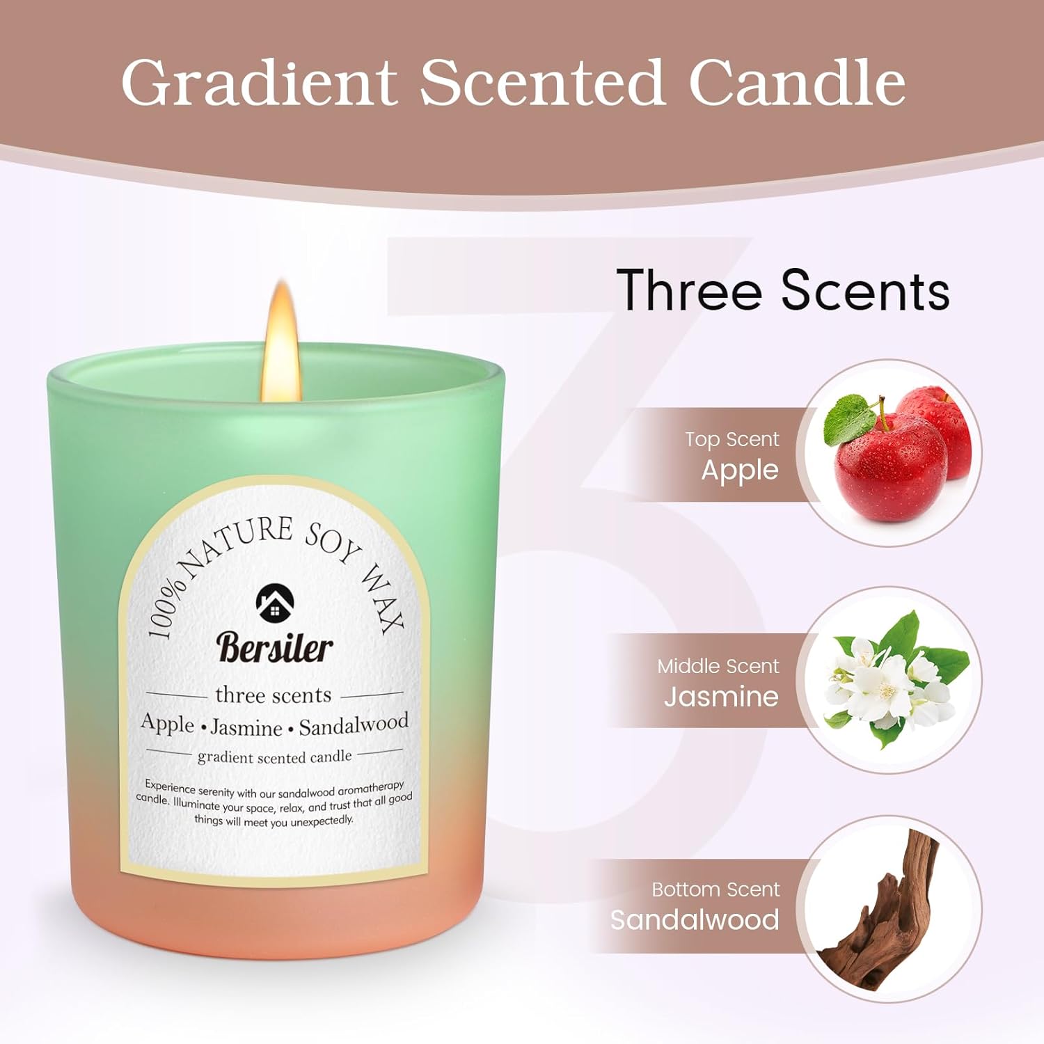 Apple Jasmine Sandalwood Scented Candles Set 5.3oz 35 Hours Burn Time Aromatherapy - Image 3
