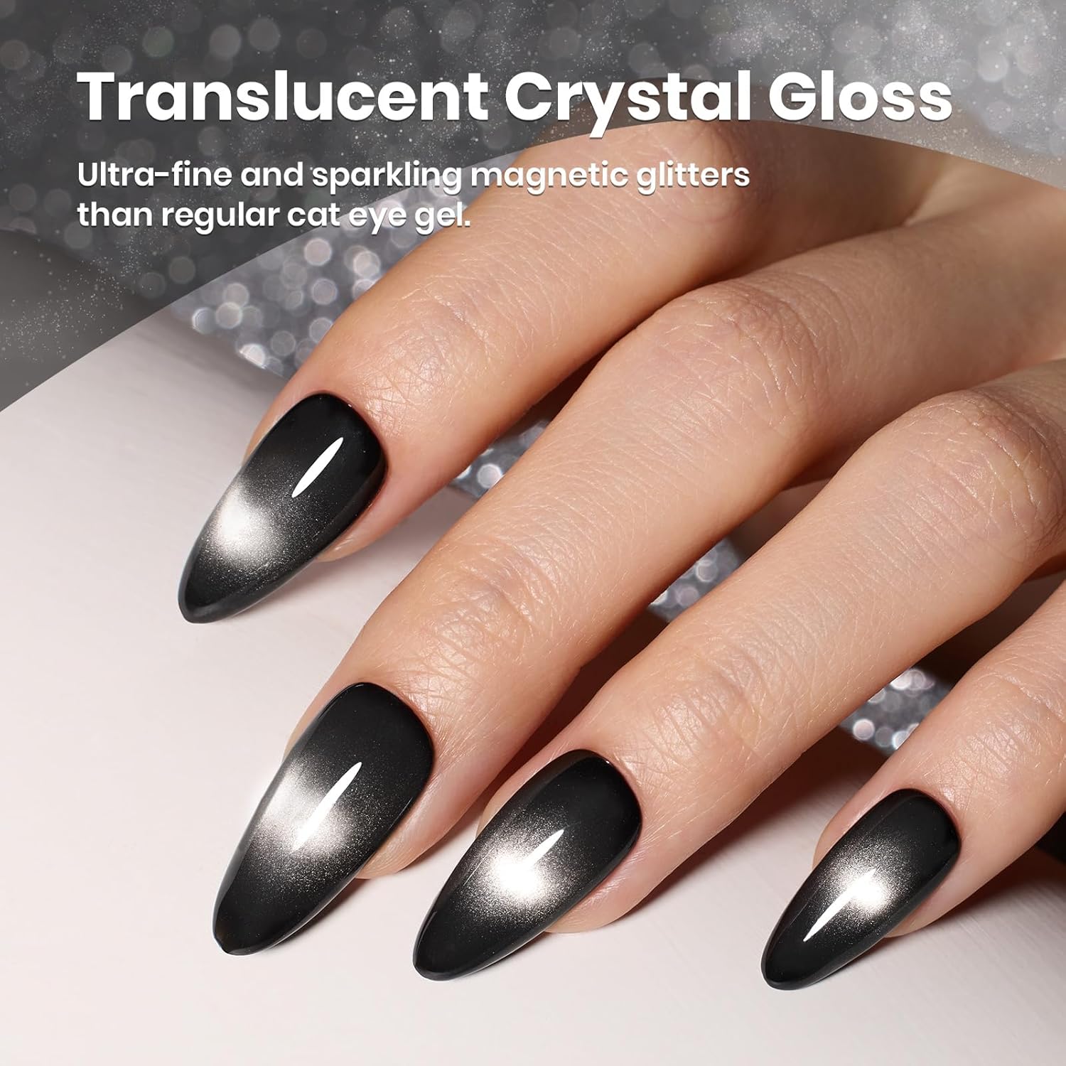 Beetles Black Cat Eye Gel Polish, 15ML Black Glass Cat Eye Glitter Gel Polish with Magnet Shimmer Translucent Sheer Color Soak Off UV Midnight Sands Series French Nail Art Dsign Gift for Women - Image 5
