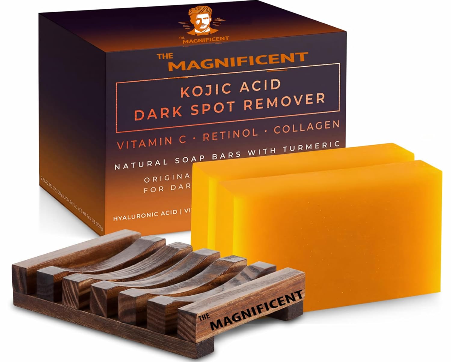 The Magnificent Kojic Acid Brightening Soap Bars – Japanese Complex with Turmeric, Hyaluronic Acid, Vitamin C, Retinol, Shea Butter & Vitamin E(2Pack+Holder) (2Pack+H)