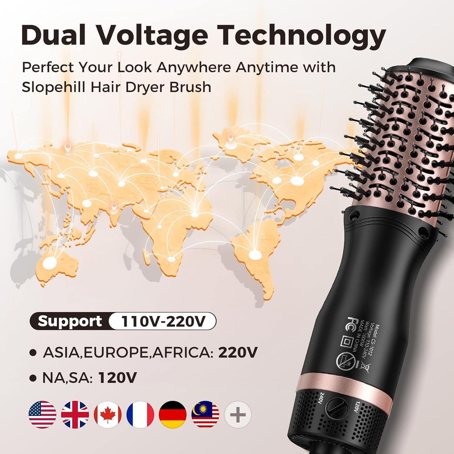 Slopehill Ionic Dual Voltage 1000W Hair Dryer Brush with 2 Heat Speed Settings - Image 3