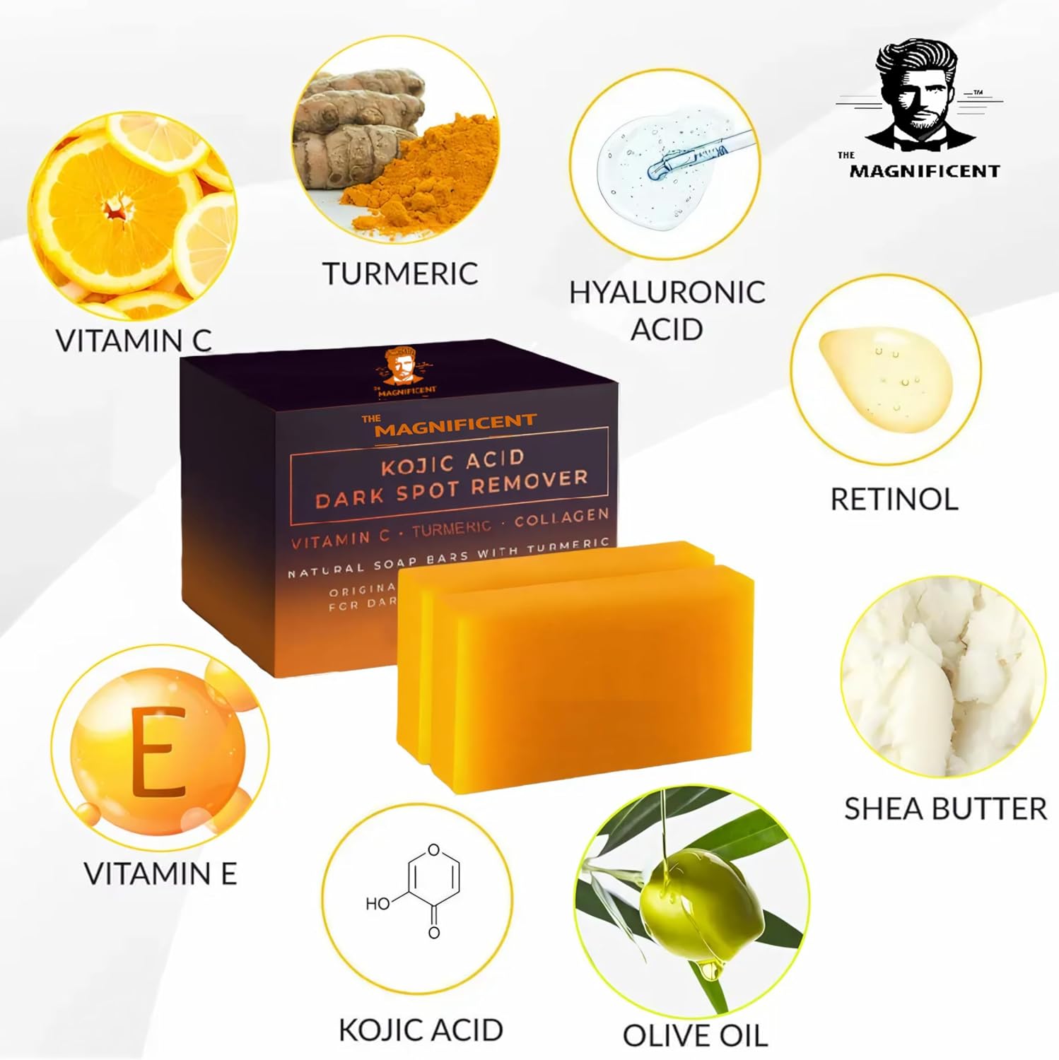 The Magnificent Kojic Acid Brightening Soap Bars – Japanese Complex with Turmeric, Hyaluronic Acid, Vitamin C, Retinol, Shea Butter & Vitamin E(2Pack+Holder) (2Pack+H) - Image 2