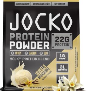 Jocko Fuel Mölk Whey Protein Powder 22g Protein - Low Sugar Monk Fruit Blend - Muscle Recovery & Growth, Packaging May Vary (31 Servings, Vanilla Milkshake)