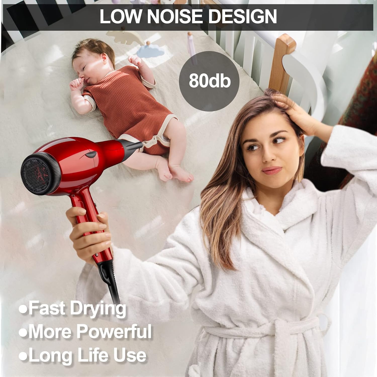 1875W Professional Salon Hair Dryer Cola Red with 2 Nozzles and 3 Heat Settings - Image 8