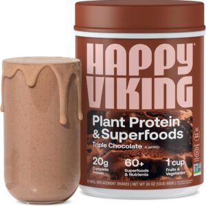Happy Viking Triple Chocolate Protein + Superfoods Powder, Created by Venus Williams, 20G Protein, Low Carb, Keto, Vegan, Gluten-Free, Non-GMO, Complete Meal Replacement, 1 Canister (24 oz.)