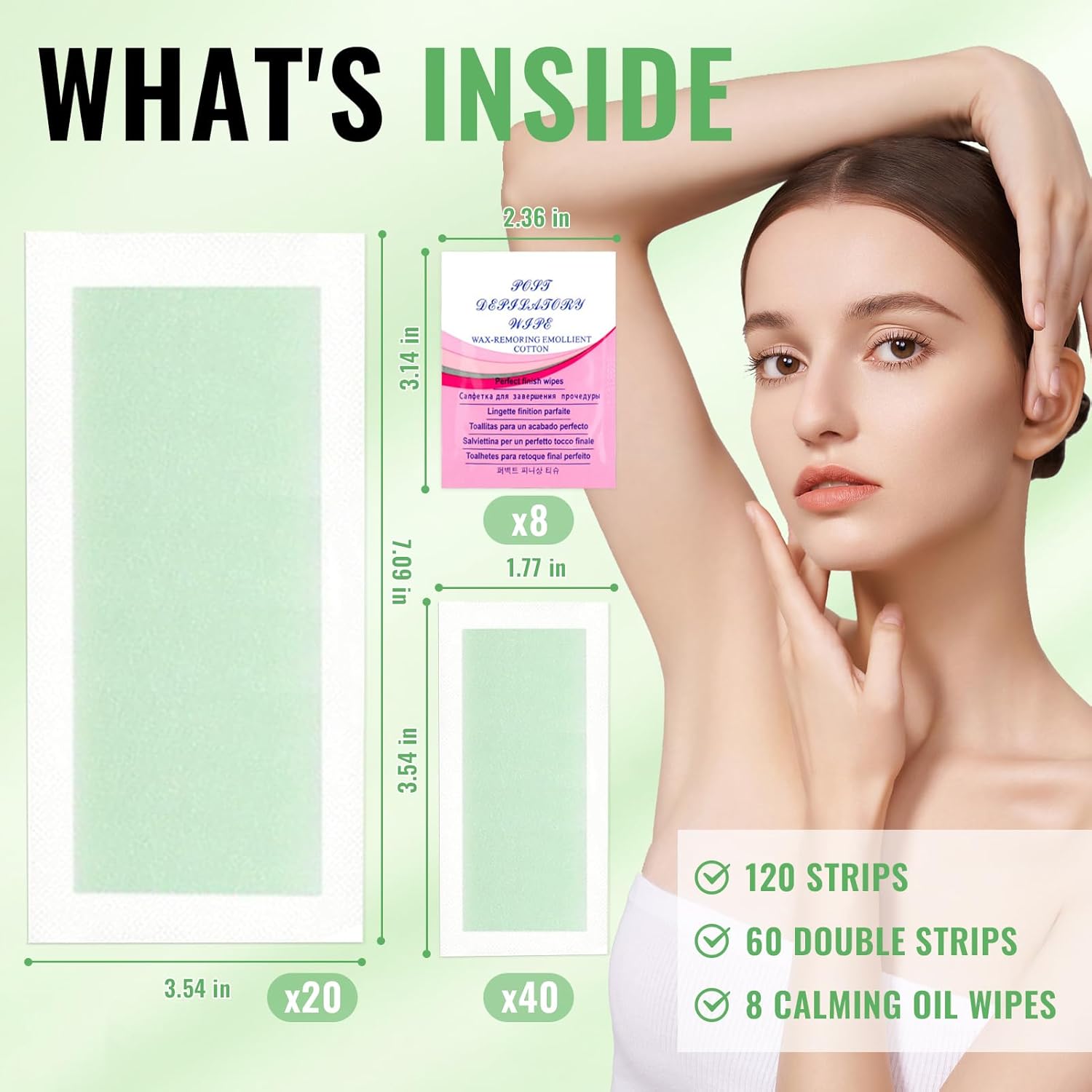 120 Piece Wax Strips Kit for Body Hair Removal, 2 Sizes, Aloe Scent, 8 Oil Wipes Included - Image 6