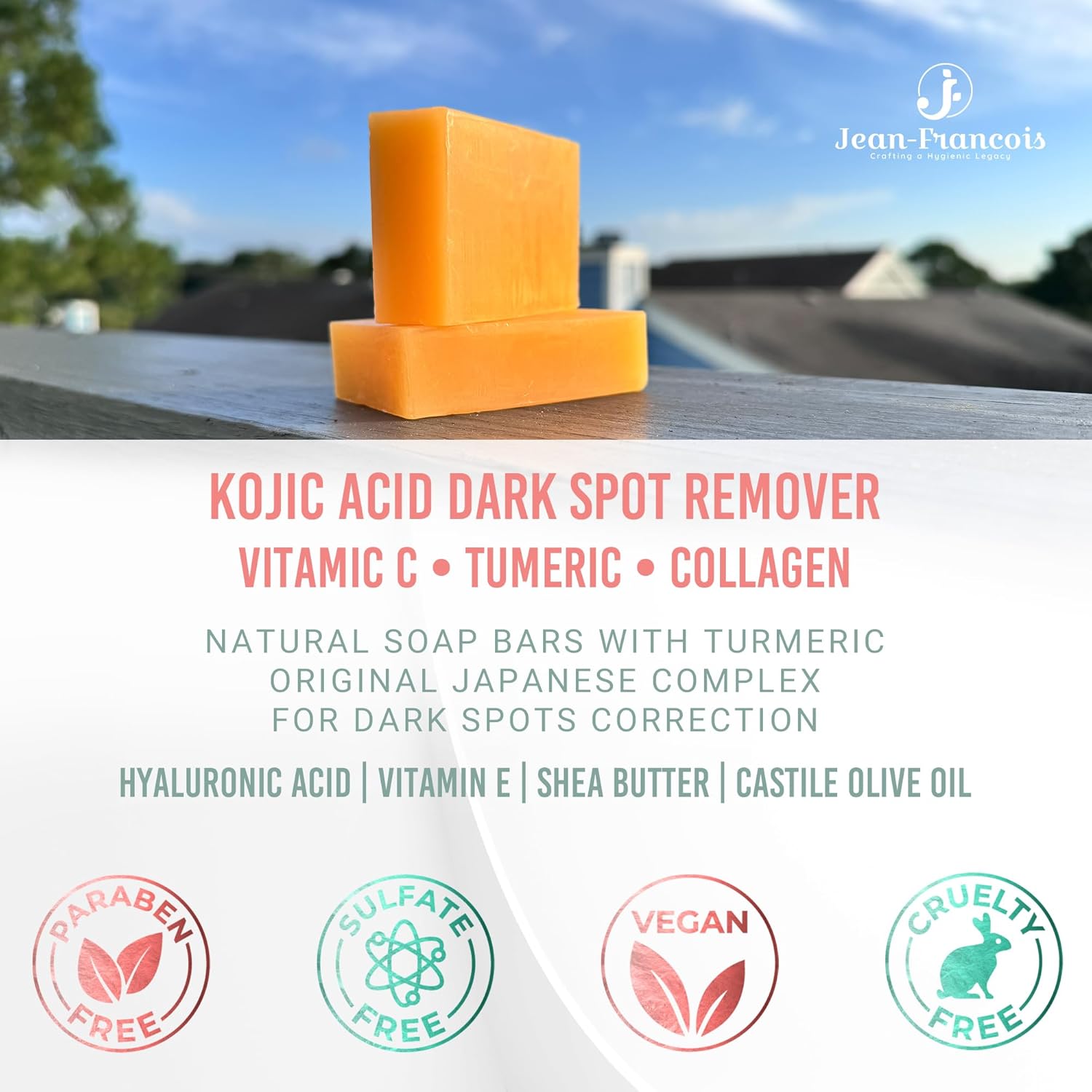 Jean-Francois Kojic Acid Dark Spot Remover Soap Bars with Vitamin C, Collagen, Turmeric - Original Japanese Complex with Hyaluronic Acid, Vitamin C, Vitamin E, Shea Butter, Castile Olive Oil (2 Pack) - Image 4