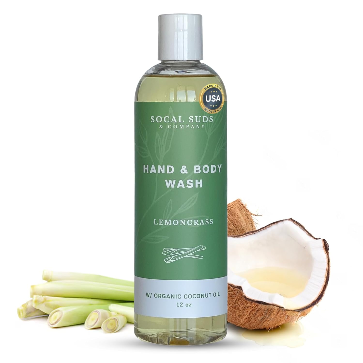 SoCal Suds & Company - 12oz Thick Organic Castile Soap Liquid Lemongrass, Hand & Body Wash for Men & Women, Made w/Organic Oils & Coconut Oil, Perfect Bath Essentials, Gentle Soap for All Skin Types