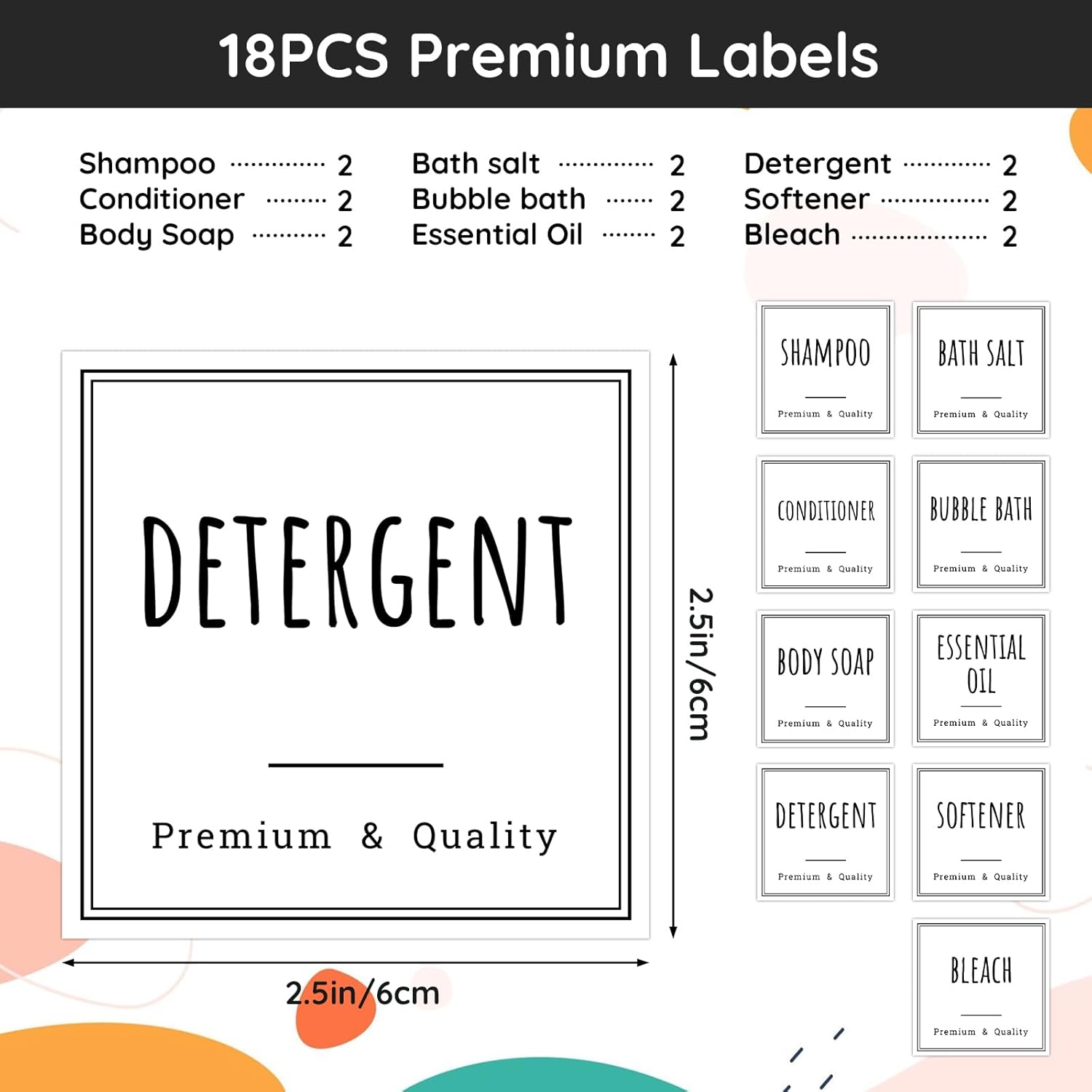 Segbeauty 18pcs Waterproof Self-Adhesive Labels for Organizing Bathroom, Soap Dispenser, Home, Laundry, Cleaning - Removable Stickers for Plastic Glass Bottles - Image 2