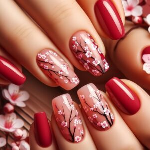 24 Pcs Pink Cherry Blossom Press on Nails Flower Fake Nails Medium Length False Nails Coffin Acrylic Nails Glue on Nails Full Cover Red Glossy Stick on Nails for Women Girls Nail Art Decoration