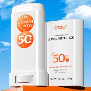 Sexymix Tattoo Sunscreen SPF 50 Sunscreen Stick, Mineral Sun Protection with Zinc Oxide, Broad Spectrum UVA/UVB Protection, Waterproof, Non-Greasy, Enhances Colors Tattoo Aftercare 0.7oz (2 Packs)