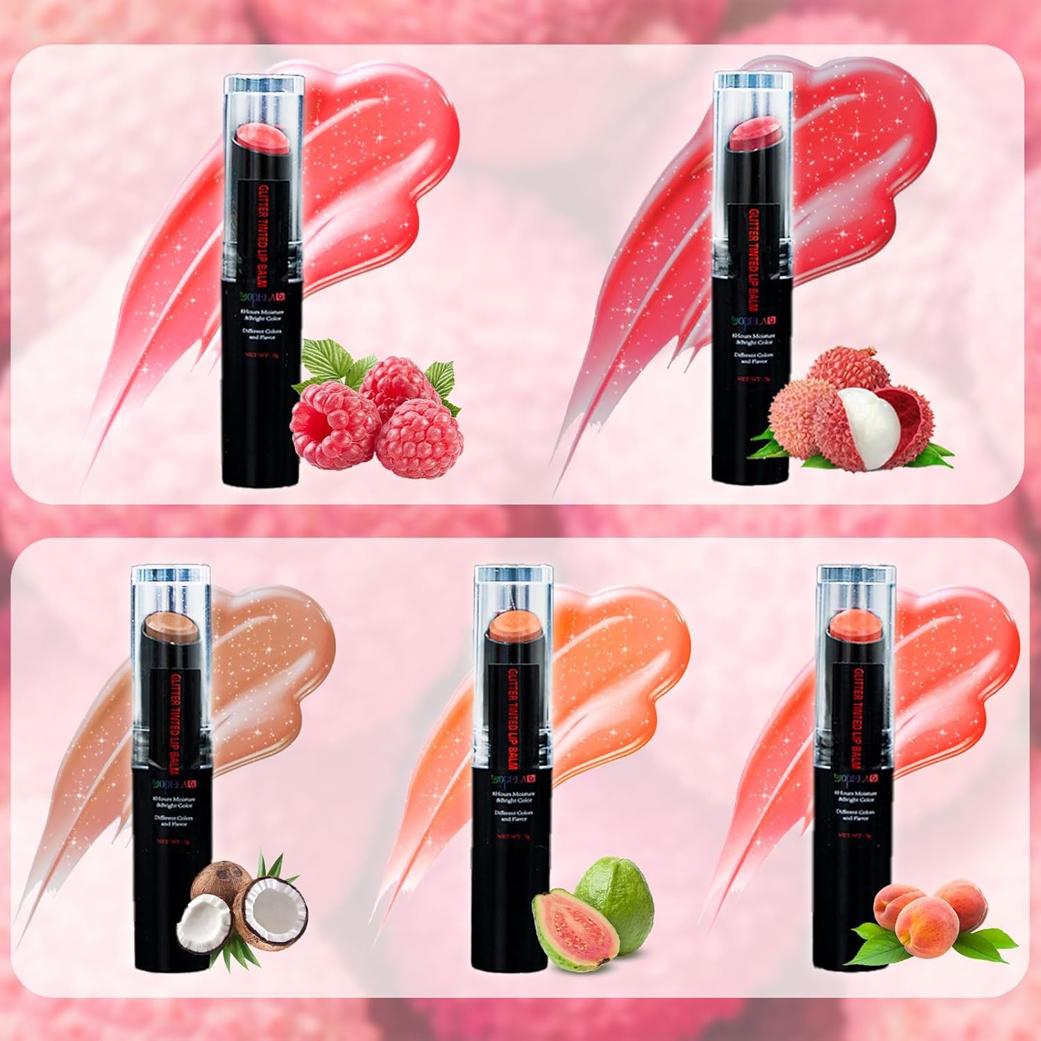 Yopela 5 Pack Tinted Lip Balm Set with Glitter Moisturizing Chapstick for Valentine's Gift - Image 2
