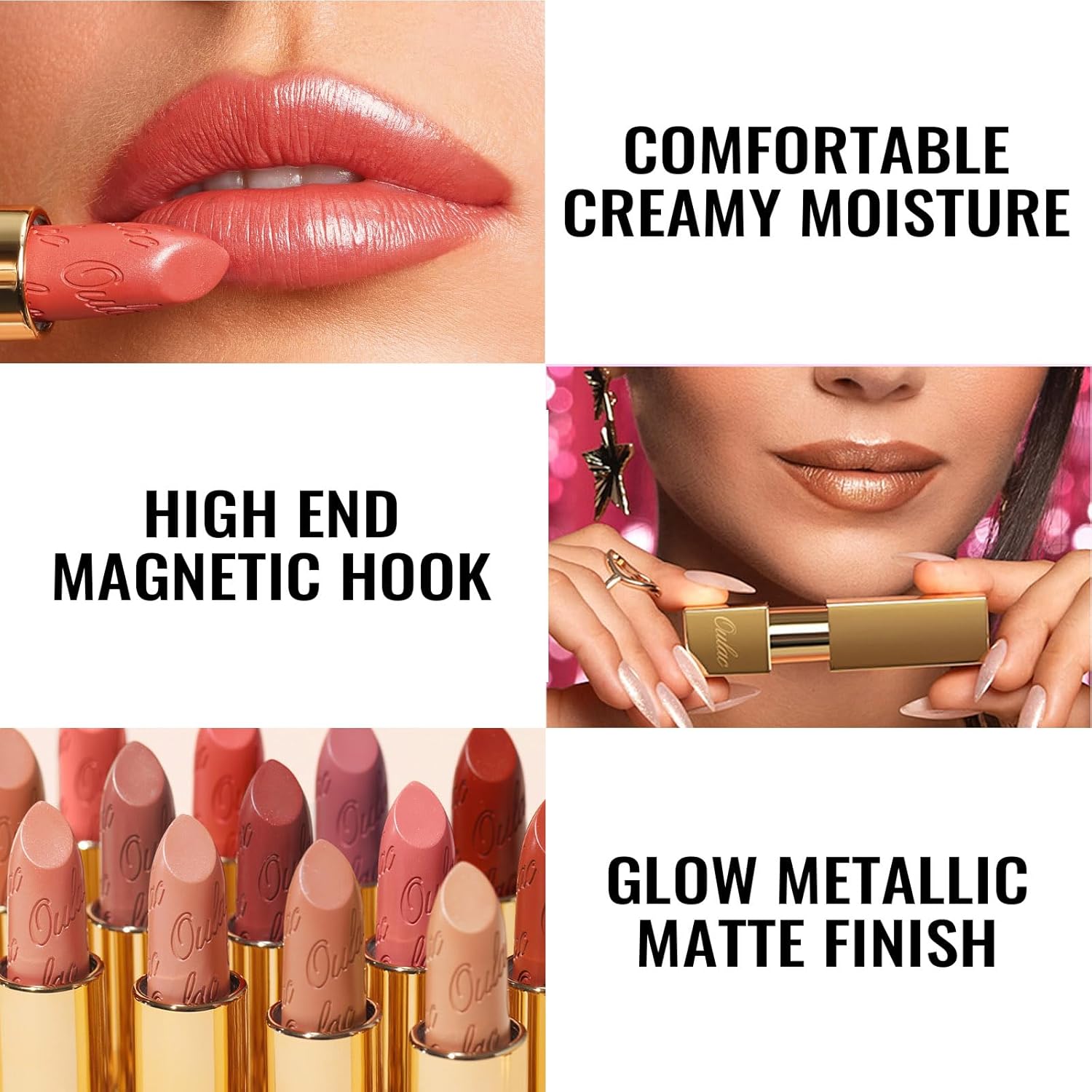 Oulac Matte Nude Peach Lipstick with Glow Metallic Finish - Vegan Lipstick for Women, Creamy Texture, Hydrating Clean Beauty Formula, High-End Magnetic Hook Design, GM06 Hugs - Image 6