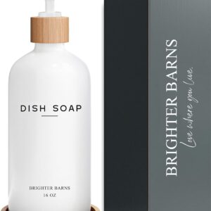 White Glass Dish Soap Dispenser for Kitchen Sink by Brighter Barns - Kitchen Soap Dispenser Set with Tray - Bamboo Pump Bottle - Neutral Minimalist Home Decor in RV, Office, Home, Airbnb, Gift (White)