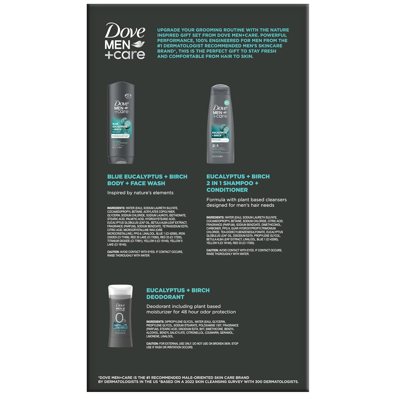 Dove Men + Care Bundle – Blue Eucalyptus + Birch Body + Face Wash, 2-in-1 Shampoo + Conditioner & 48H Aluminum-Free Deodorant (3 Piece Set) - Image 4
