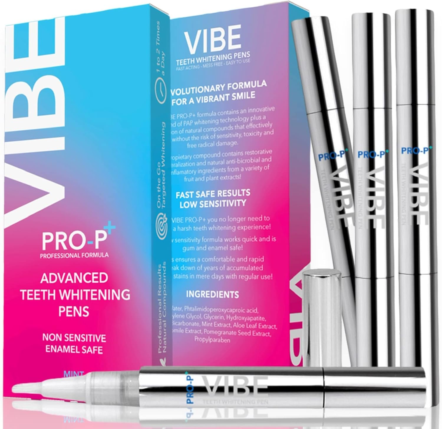 Vibe Teeth Whitening Pens, Healthy, Peroxide Free 4 Pack, Non-Toxic Fast Results, 3ml per pen, Vegan, Painless, teeth whitening kit for sensitive teeth, Travel Sized, Easy to Use, Organic Mint Flavor